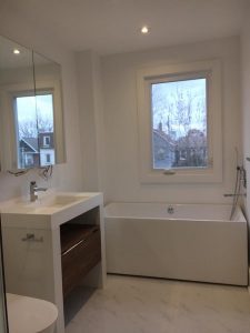 Toronto Bathroom renovation project features installed tiles, vanity and bath tub