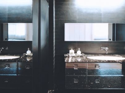Toronto Bathroom renovation project features new black vanity design and matching tiles