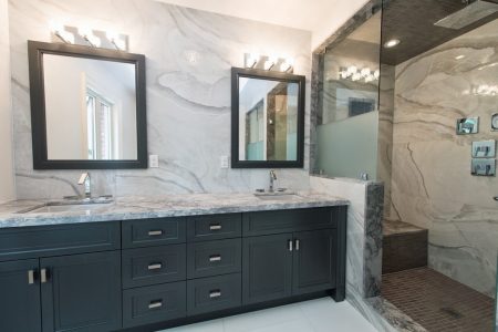 Toronto modern bathroom renovation project with walking shower and double vanity