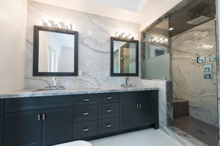 Toronto modern bathroom renovation project with glass enclosure shower and double vanity